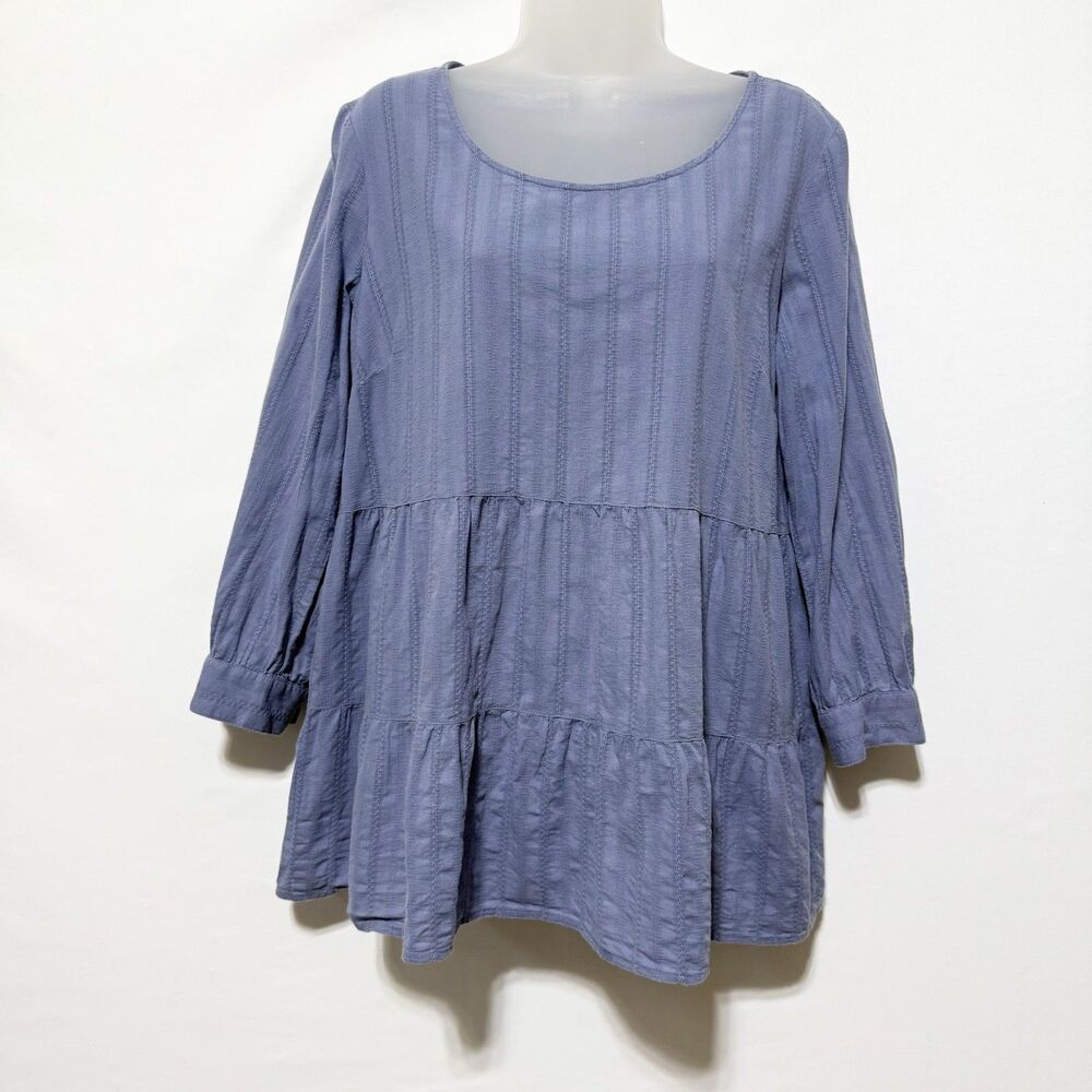 J. Jill Tiered Textured Blue Peasant Top Womens S 3/4 Sleeve Cotton Lagenlook